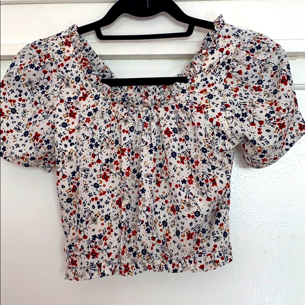 Floral print off the shoulder puff sleeve crop top